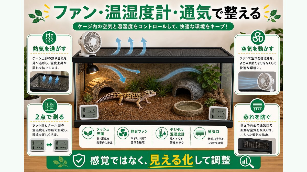冷却ファン・温湿度計・通気でケージ内を整えるの要点をまとめたカメレオン・爬虫類飼育インフォグラフィック