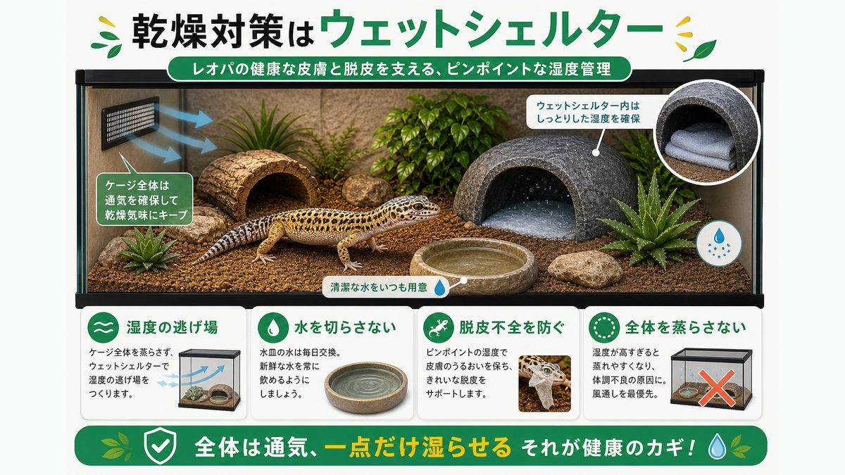 乾燥・脱水対策とウェットシェルターの要点をまとめたカメレオン・爬虫類飼育インフォグラフィック