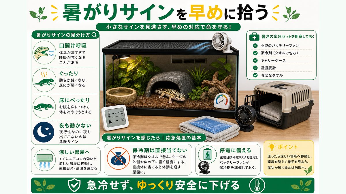 暑がりサインの見分け方と緊急時の応急処置の要点をまとめたカメレオン・爬虫類飼育インフォグラフィック