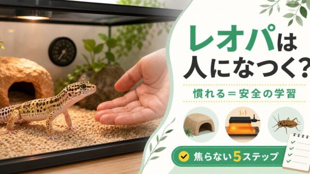 レオパは人になつく？ヒョウモントカゲモドキの慣らし方と信頼関係の作り方の要点を伝えるカメレオン・爬虫類記事アイキャッチ画像