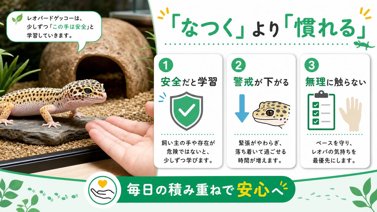 レオパは本当に「なつく」の?爬虫類の「慣れ」の正体の要点をまとめたカメレオン・爬虫類飼育インフォグラフィック