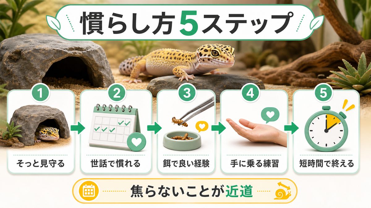 慣らし方の5ステップ(焦らない)の要点をまとめたカメレオン・爬虫類飼育インフォグラフィック