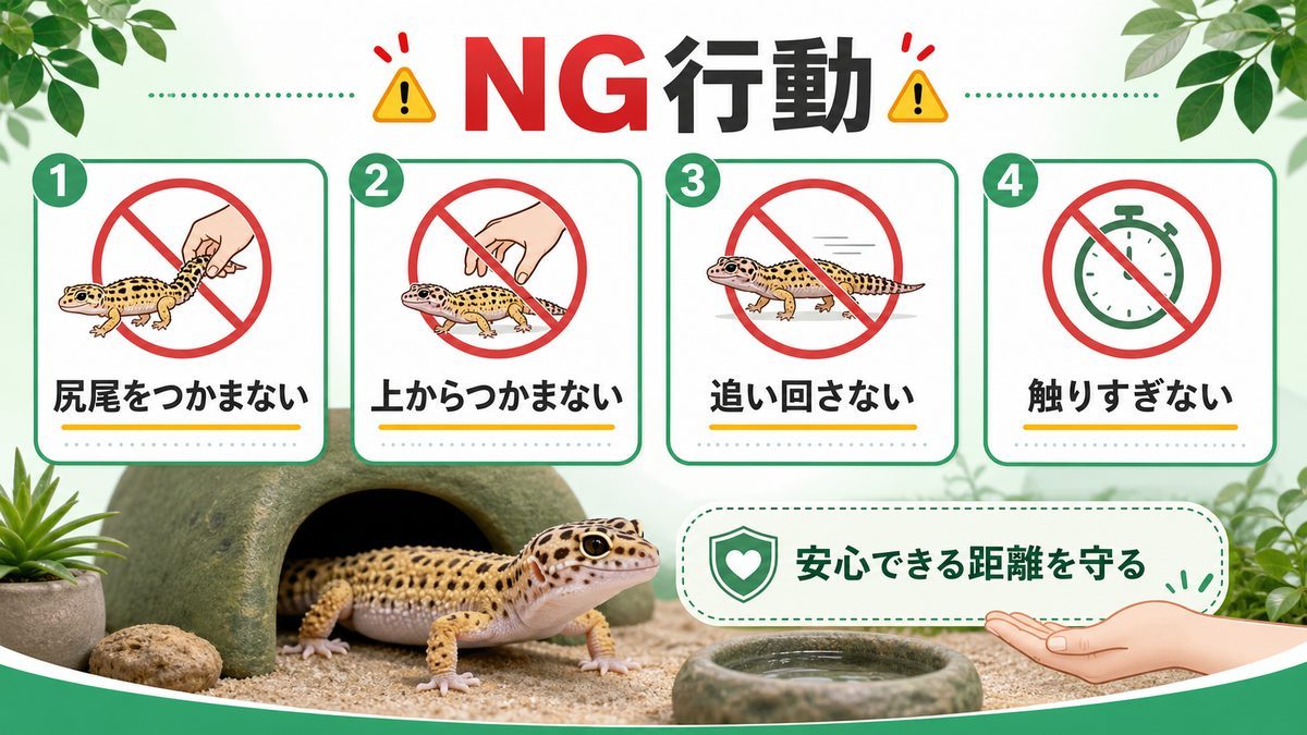 やってはいけないNG行動の要点をまとめたカメレオン・爬虫類飼育インフォグラフィック