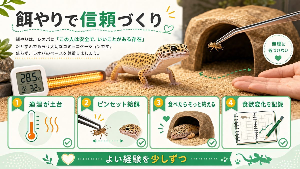 餌やりで信頼関係を育てるの要点をまとめたカメレオン・爬虫類飼育インフォグラフィック