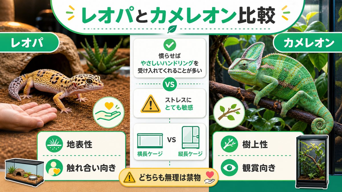 カメレオン(ぺぺ君)との違い・ハンドリング比較の要点をまとめたカメレオン・爬虫類飼育インフォグラフィック