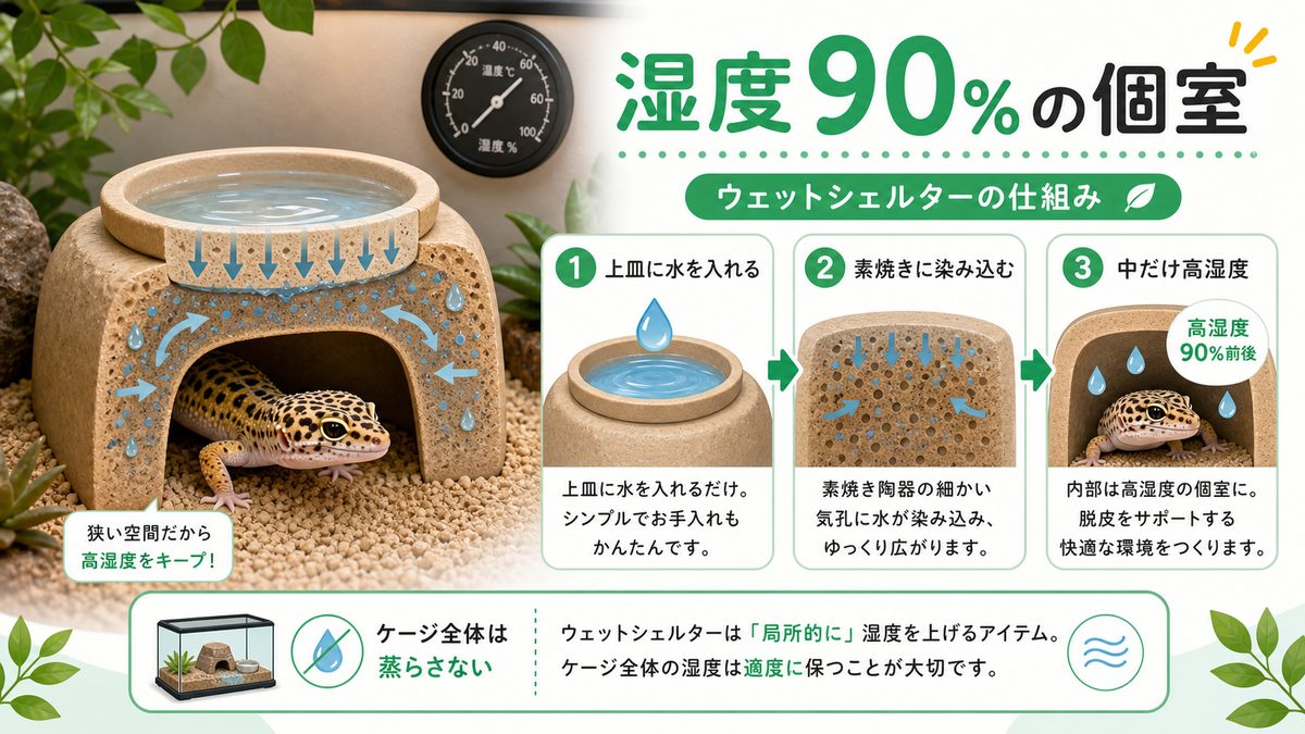 ウェットシェルターとは?素焼き陶器が「湿度90%の個室」を作る仕組みの要点をまとめたカメレオン・爬虫類飼育インフォグラフィック