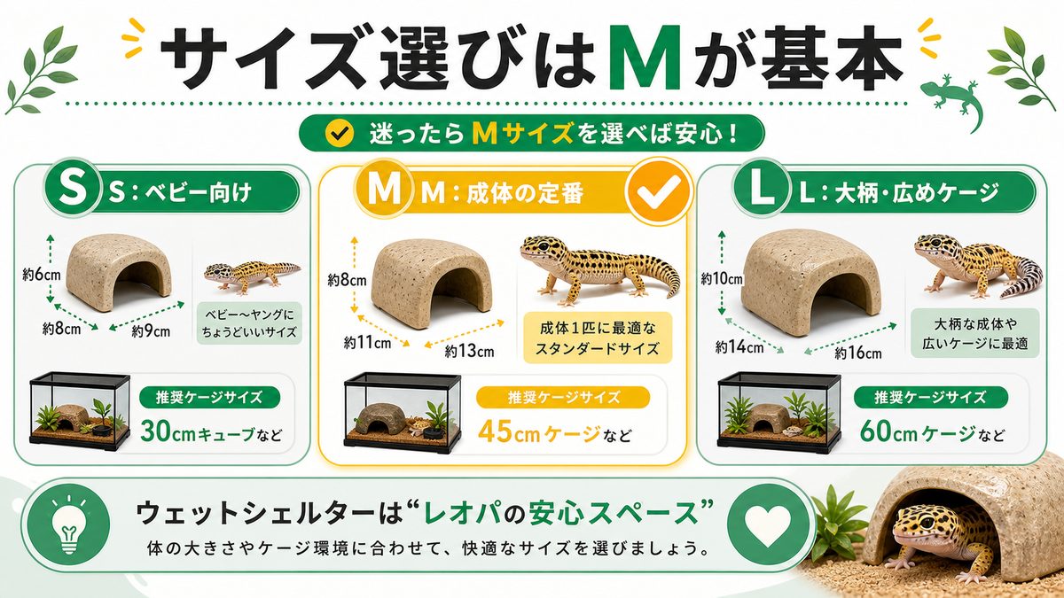 サイズ選び完全ガイド!S・M・L実寸比較表(迷ったらM)の要点をまとめたカメレオン・爬虫類飼育インフォグラフィック