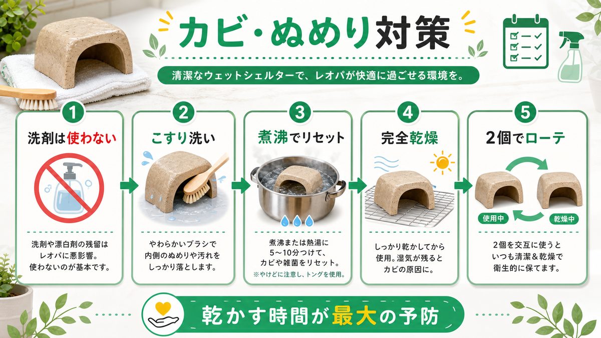 カビ・ぬめり対策と日常の手入れ|煮沸消毒とローテーションが最強の要点をまとめたカメレオン・爬虫類飼育インフォグラフィック