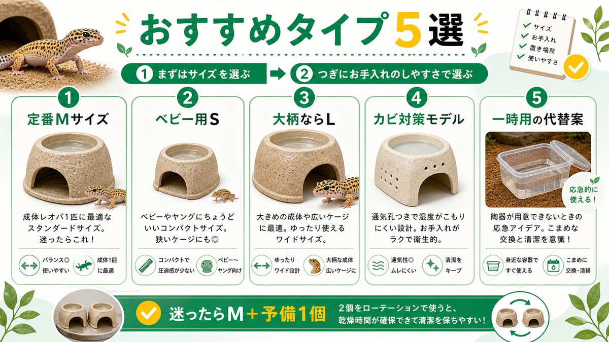 レオパにおすすめのウェットシェルター5選+代替アイデアの要点をまとめたカメレオン・爬虫類飼育インフォグラフィック