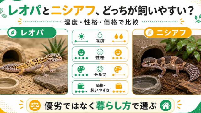 レオパとニシアフ、どっちが飼いやすい？ヒョウモントカゲモドキとニシアフリカトカゲモドキを徹底比較の要点を伝えるカメレオン・爬虫類記事アイキャッチ画像