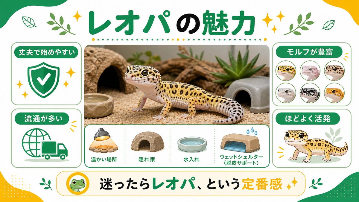 レオパの特徴・魅力の要点をまとめたカメレオン・爬虫類飼育インフォグラフィック
