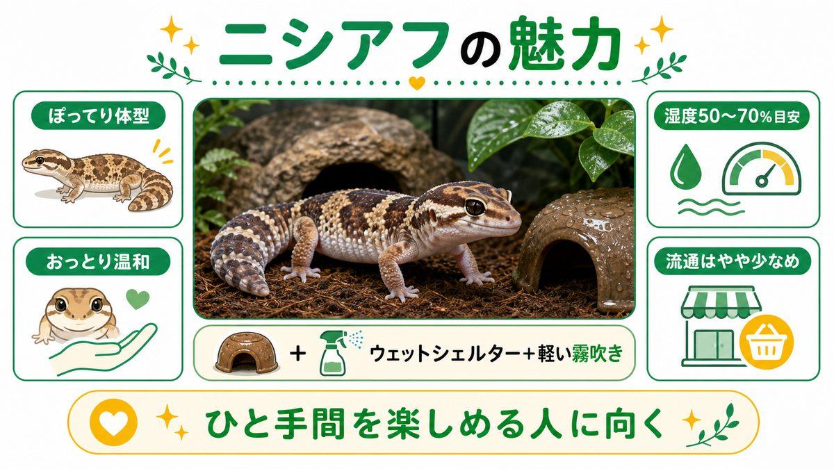 ニシアフの特徴・魅力の要点をまとめたカメレオン・爬虫類飼育インフォグラフィック