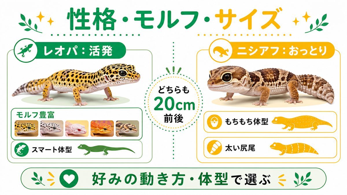 性格・モルフ・サイズで比較の要点をまとめたカメレオン・爬虫類飼育インフォグラフィック