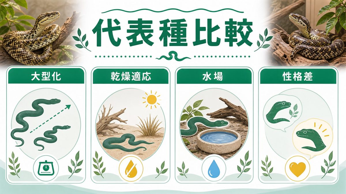 代表種の紹介と比較の要点をまとめたカメレオン・爬虫類飼育インフォグラフィック