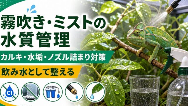 霧吹き・ミストの水と水質完全ガイド｜カルキ抜き・水垢対策・ノズル詰まりを防ぐ正しい水管理の要点を伝えるカメレオン・爬虫類記事アイキャッチ画像