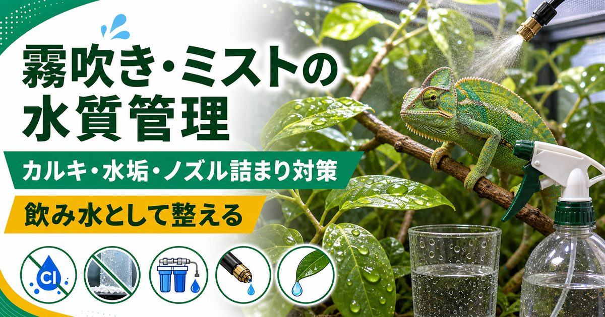 霧吹き・ミストの水と水質完全ガイド｜カルキ抜き・水垢対策・ノズル詰まりを防ぐ正しい水管理の要点を伝えるカメレオン・爬虫類記事アイキャッチ画像