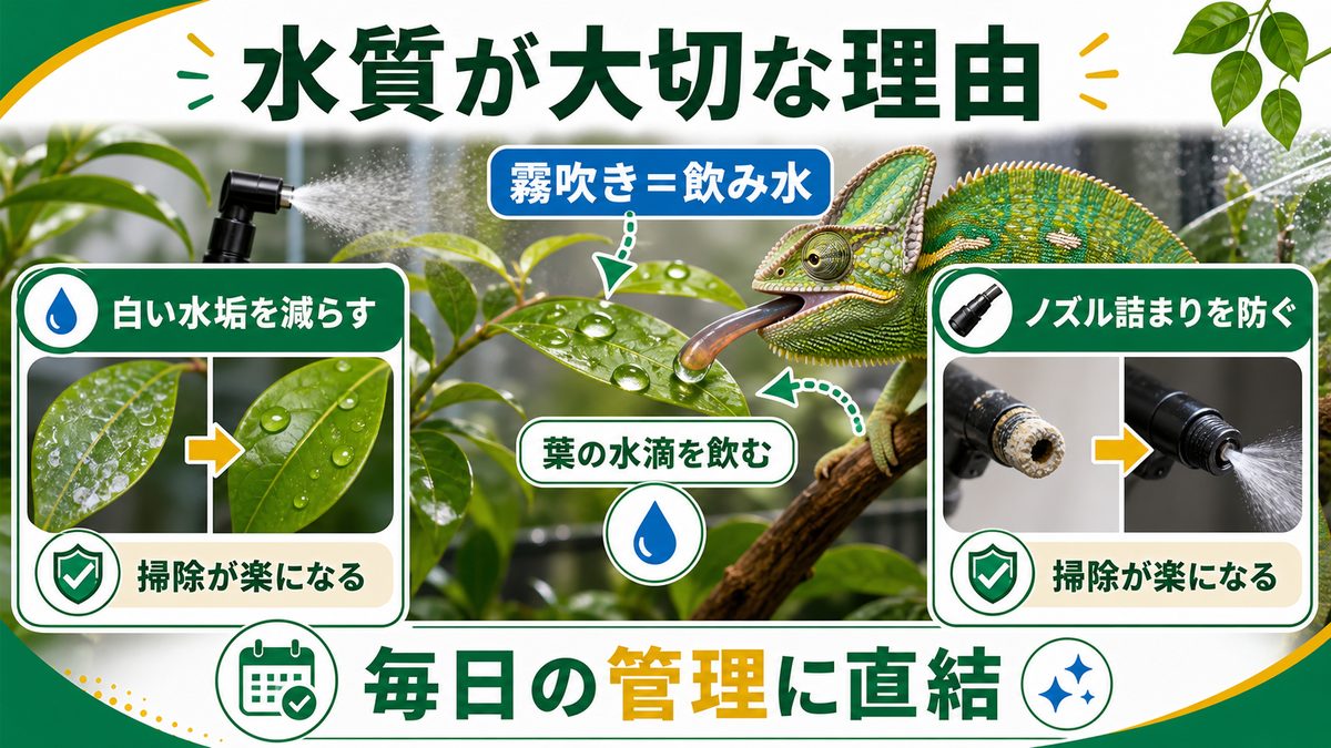 霧吹きの水質がなぜ大切なのかの要点をまとめたカメレオン・爬虫類飼育インフォグラフィック