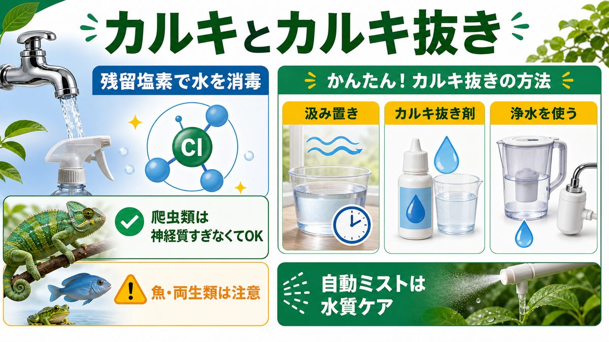 水道水のカルキ（残留塩素）とカルキ抜きの要点をまとめたカメレオン・爬虫類飼育インフォグラフィック