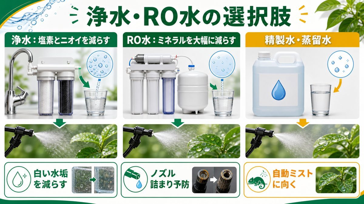 浄水・RO水という選択肢の要点をまとめたカメレオン・爬虫類飼育インフォグラフィック