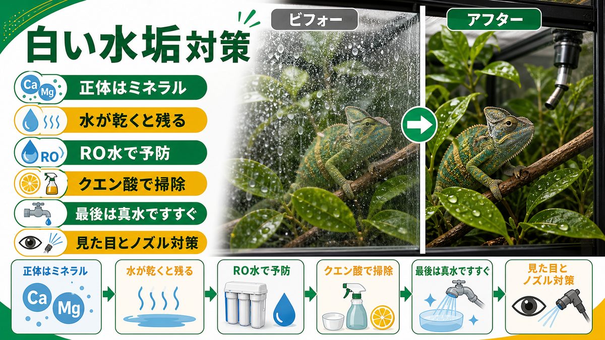 白い水垢（ミネラル）対策の要点をまとめたカメレオン・爬虫類飼育インフォグラフィック