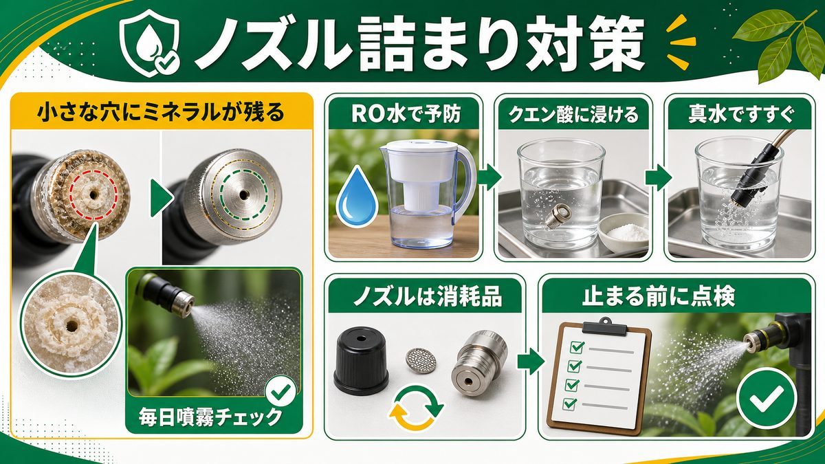 ノズル詰まりと掃除のコツの要点をまとめたカメレオン・爬虫類飼育インフォグラフィック