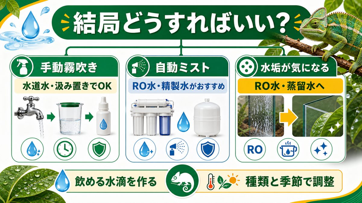 水の種類・頻度のまとめ（結局どうすればいい？）の要点をまとめたカメレオン・爬虫類飼育インフォグラフィック