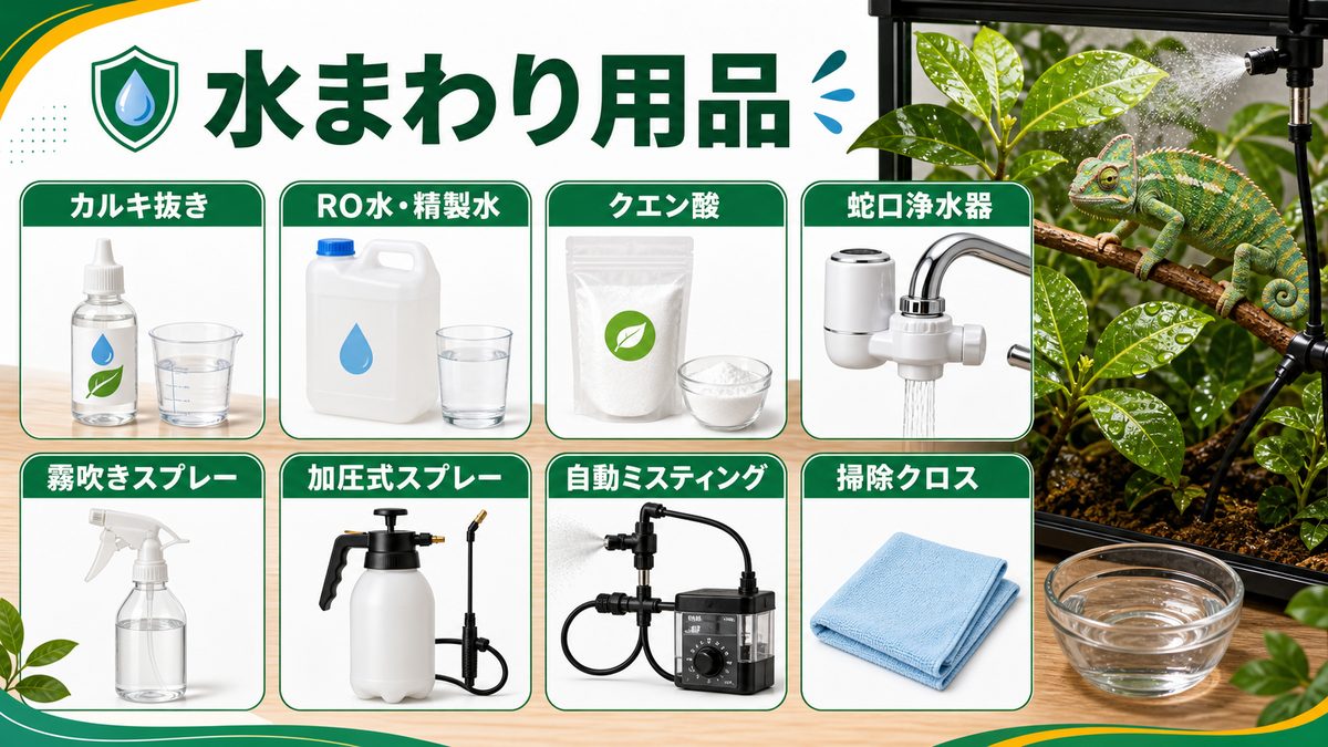 水まわり用品をAmazonでチェックの要点をまとめたカメレオン・爬虫類飼育インフォグラフィック