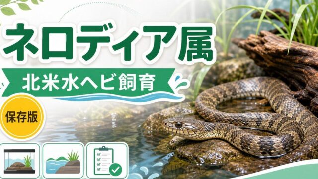 ネロディア属（Nerodia）完全ガイド｜北米水ヘビの種類・特徴・半水棲飼育法を属レベルで解説の要点を伝えるカメレオン・爬虫類記事アイキャッチ画像