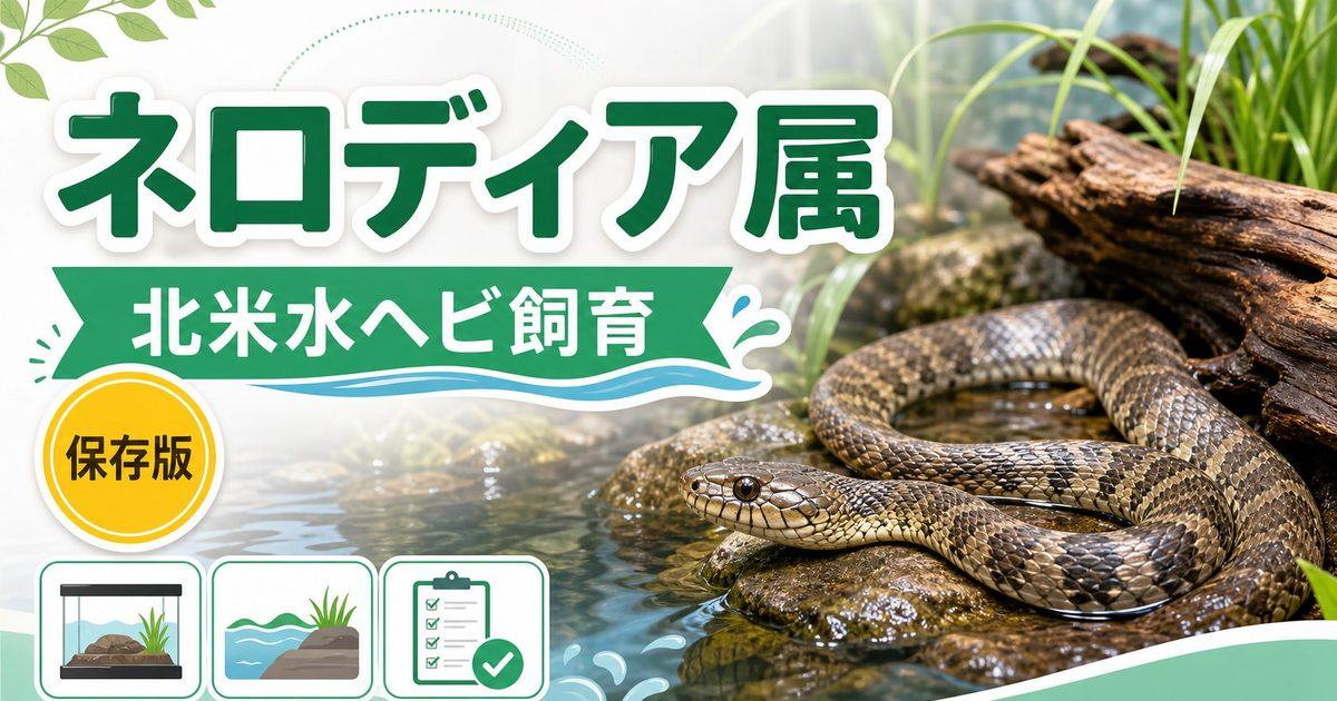 ネロディア属（Nerodia）完全ガイド｜北米水ヘビの種類・特徴・半水棲飼育法を属レベルで解説の要点を伝えるカメレオン・爬虫類記事アイキャッチ画像