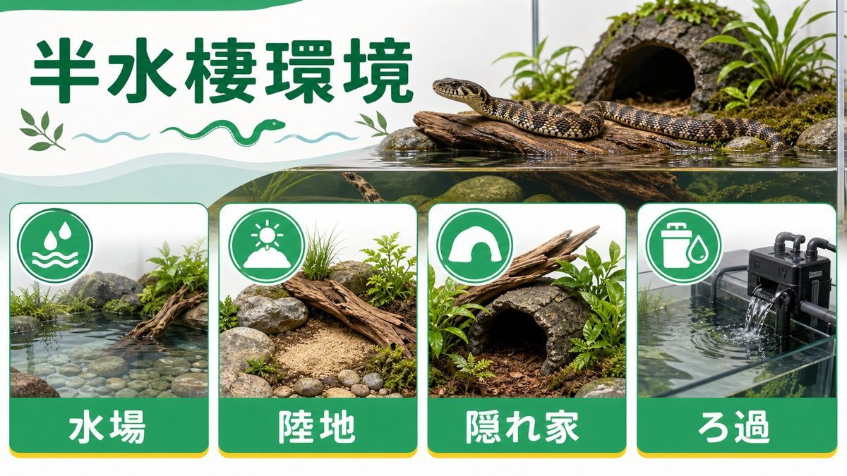 🏠 飼育環境の設定：水陸両用ケージのつくり方の要点をまとめたカメレオン・爬虫類飼育インフォグラフィック