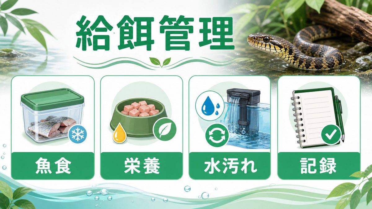 🐟 給餌と栄養：水ヘビの食事管理の要点をまとめたカメレオン・爬虫類飼育インフォグラフィック