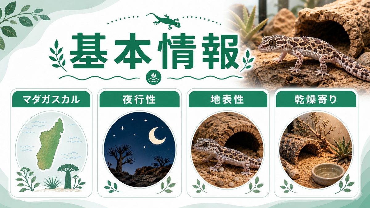 パロエドゥラ属の基本情報｜マダガスカル固有の乾燥ヤモリたち🌿の要点をまとめたカメレオン・爬虫類飼育インフォグラフィック