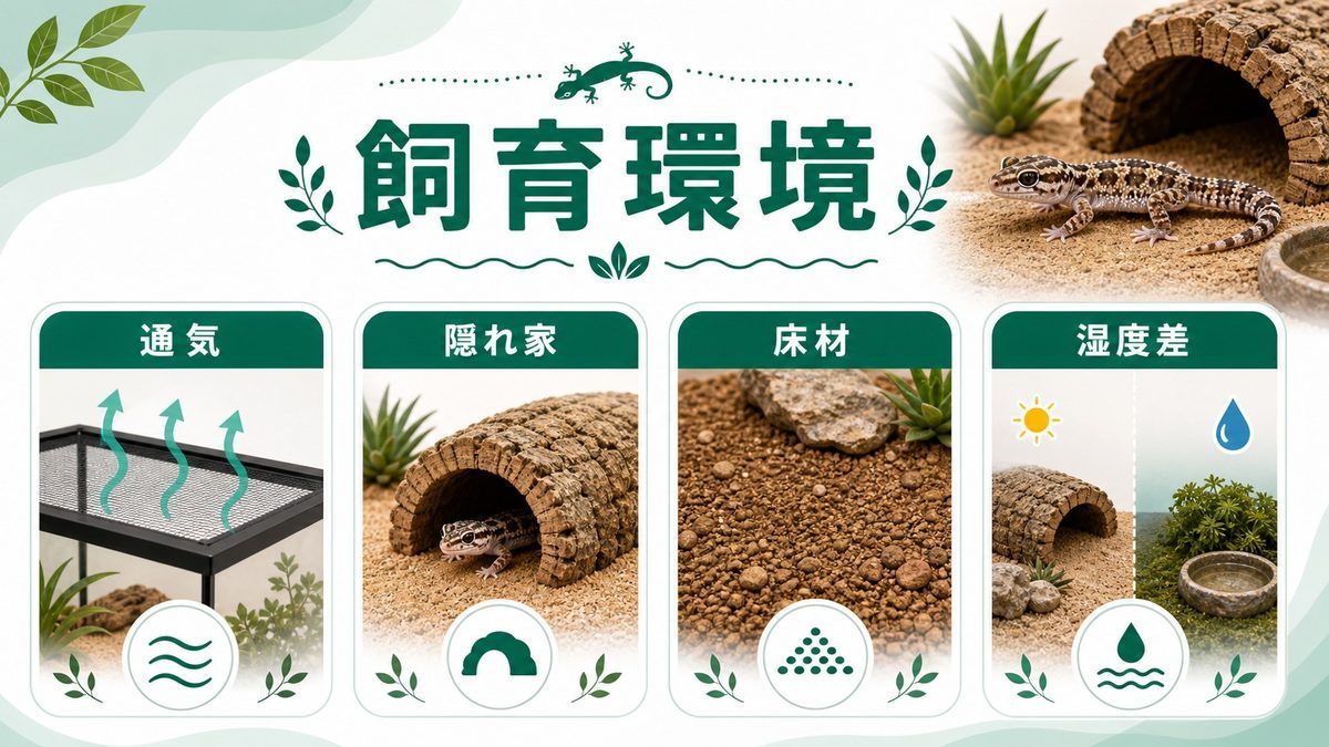 飼育環境設定｜乾燥〜半乾燥ケージの作り方🏠の要点をまとめたカメレオン・爬虫類飼育インフォグラフィック
