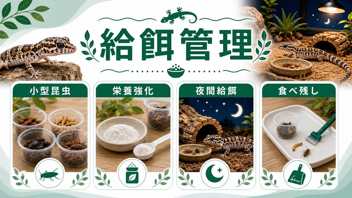 給餌と栄養｜昆虫食の管理と適切な給餌頻度🦟の要点をまとめたカメレオン・爬虫類飼育インフォグラフィック