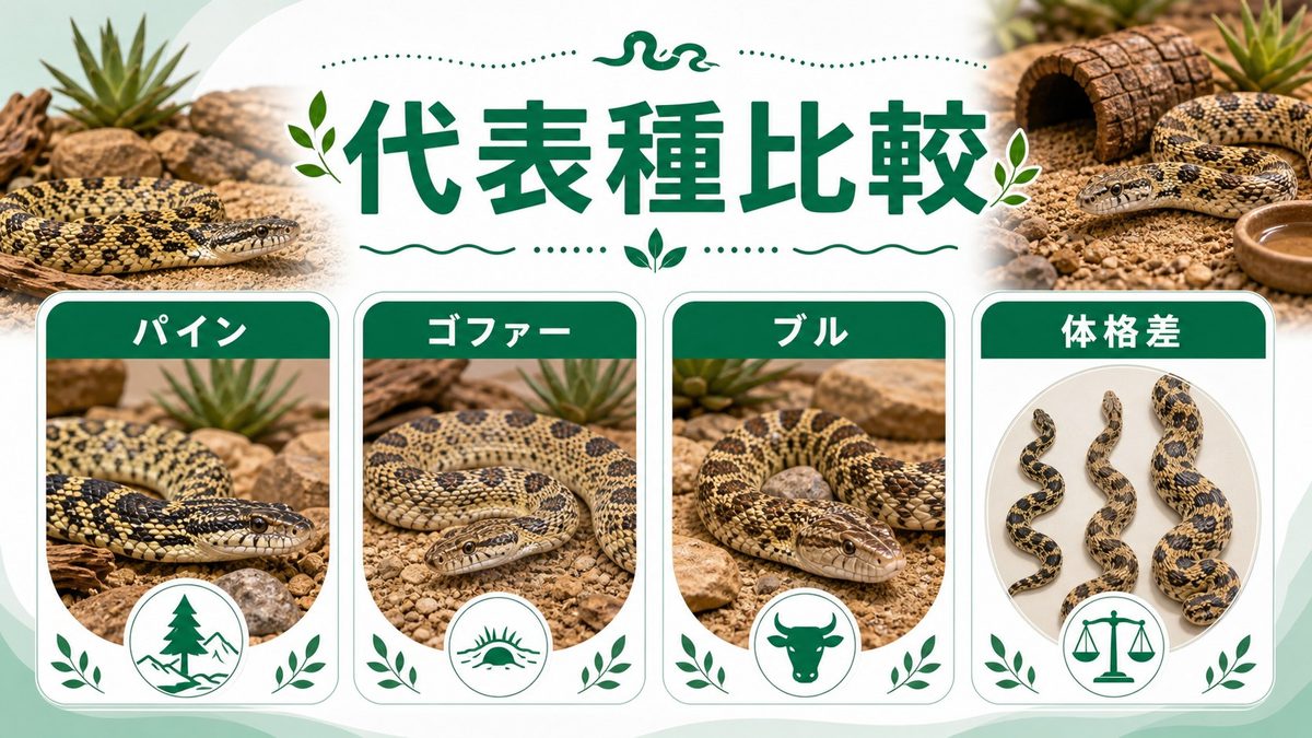代表種・亜種を徹底比較!パインスネーク・ゴファースネーク・ブルスネークの要点をまとめたカメレオン・爬虫類飼育インフォグラフィック