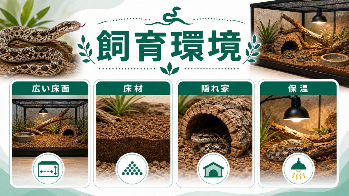 飼育環境の設定方法|大型ケージ・温度・湿度・床材を徹底解説の要点をまとめたカメレオン・爬虫類飼育インフォグラフィック