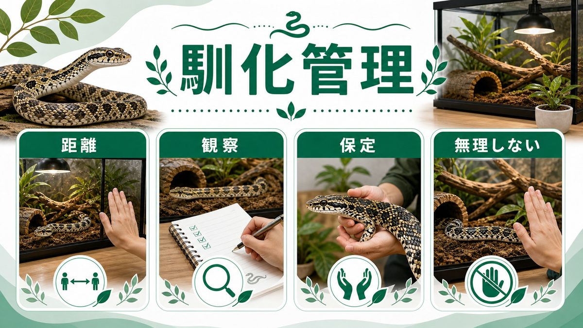 ピトゥオフィスの性格と馴化|シシングとの正しい付き合い方の要点をまとめたカメレオン・爬虫類飼育インフォグラフィック