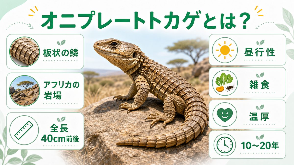 オニプレートトカゲとは（基本情報）の要点をまとめたカメレオン・爬虫類飼育インフォグラフィック
