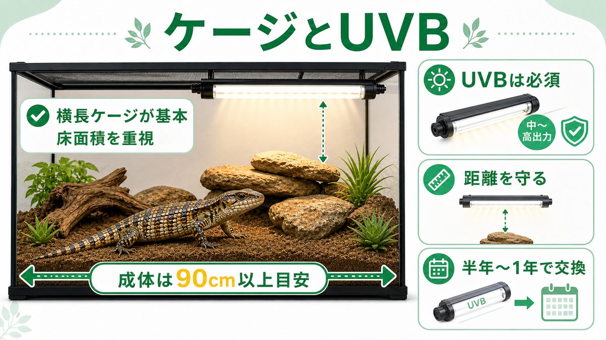 ケージとUVBのセットアップの要点をまとめたカメレオン・爬虫類飼育インフォグラフィック