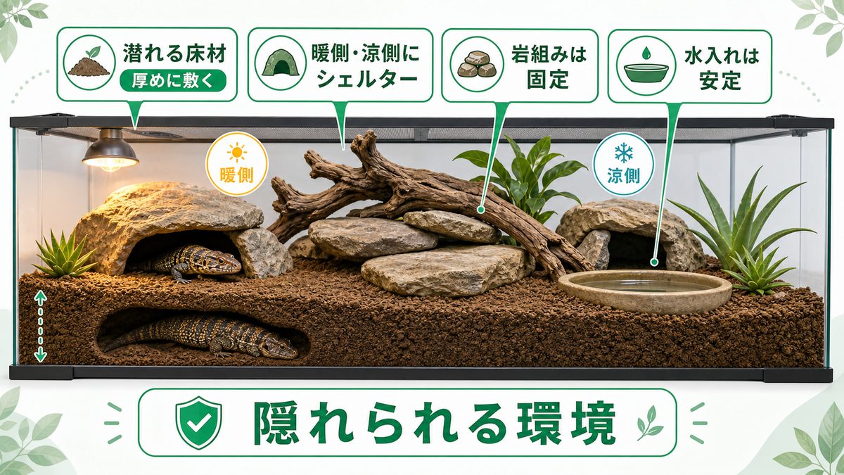 床材・レイアウト・シェルターの要点をまとめたカメレオン・爬虫類飼育インフォグラフィック