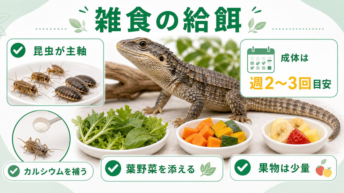 餌と給餌（雑食）の要点をまとめたカメレオン・爬虫類飼育インフォグラフィック