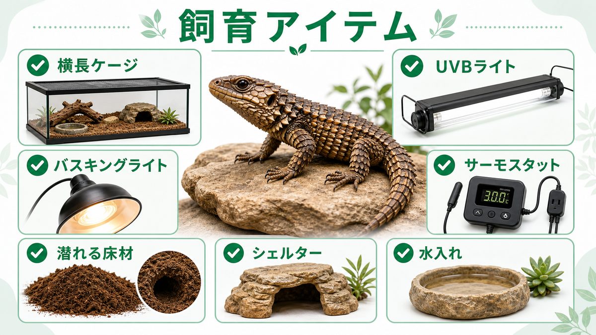 オニプレートトカゲ飼育におすすめのアイテムの要点をまとめたカメレオン・爬虫類飼育インフォグラフィック