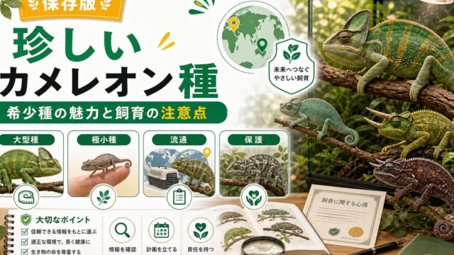 珍しい・レアなカメレオン種まとめ！希少種の魅力と飼育の注意点を徹底解説の要点を伝えるカメレオン・爬虫類記事アイキャッチ画像