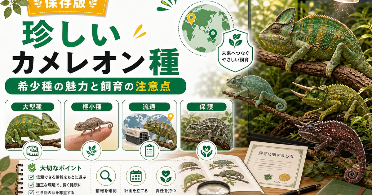 珍しい・レアなカメレオン種まとめ！希少種の魅力と飼育の注意点を徹底解説の要点を伝えるカメレオン・爬虫類記事アイキャッチ画像