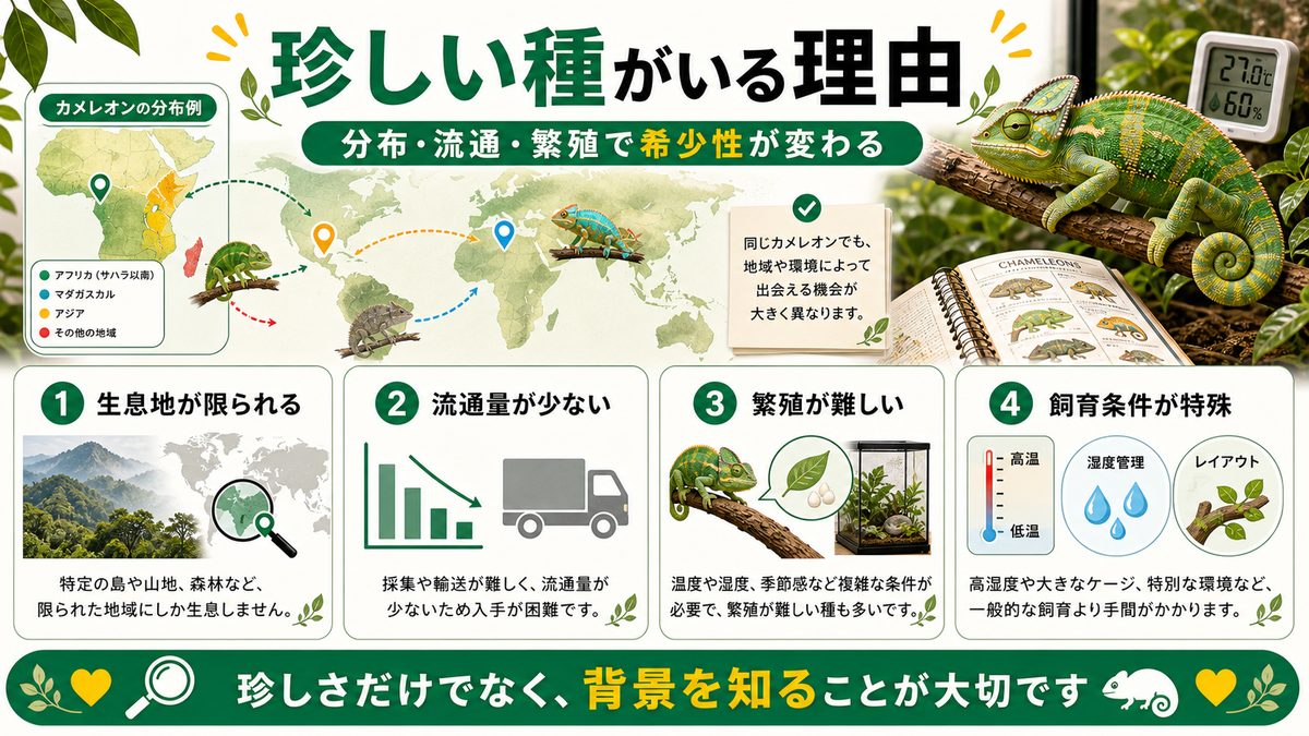 カメレオンに「珍しい種」がいる理由の要点をまとめたカメレオン・爬虫類飼育インフォグラフィック