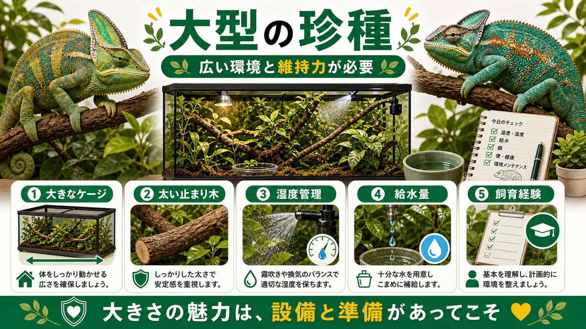 大型の珍種(パーソン・メラー等)の要点をまとめたカメレオン・爬虫類飼育インフォグラフィック
