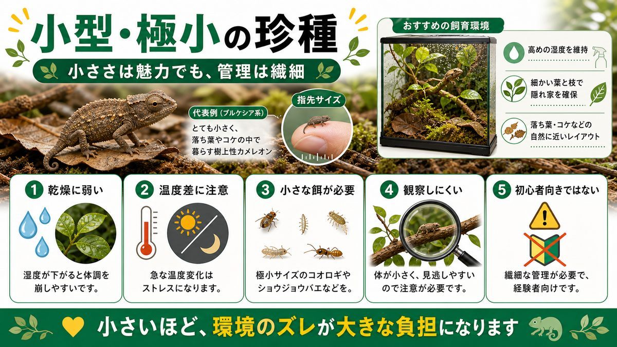 小型・極小の珍種(ブルケシア等)の要点をまとめたカメレオン・爬虫類飼育インフォグラフィック