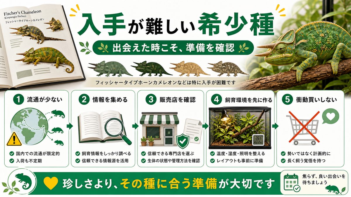 入手が難しい希少種(フィッシャー系等)の要点をまとめたカメレオン・爬虫類飼育インフォグラフィック