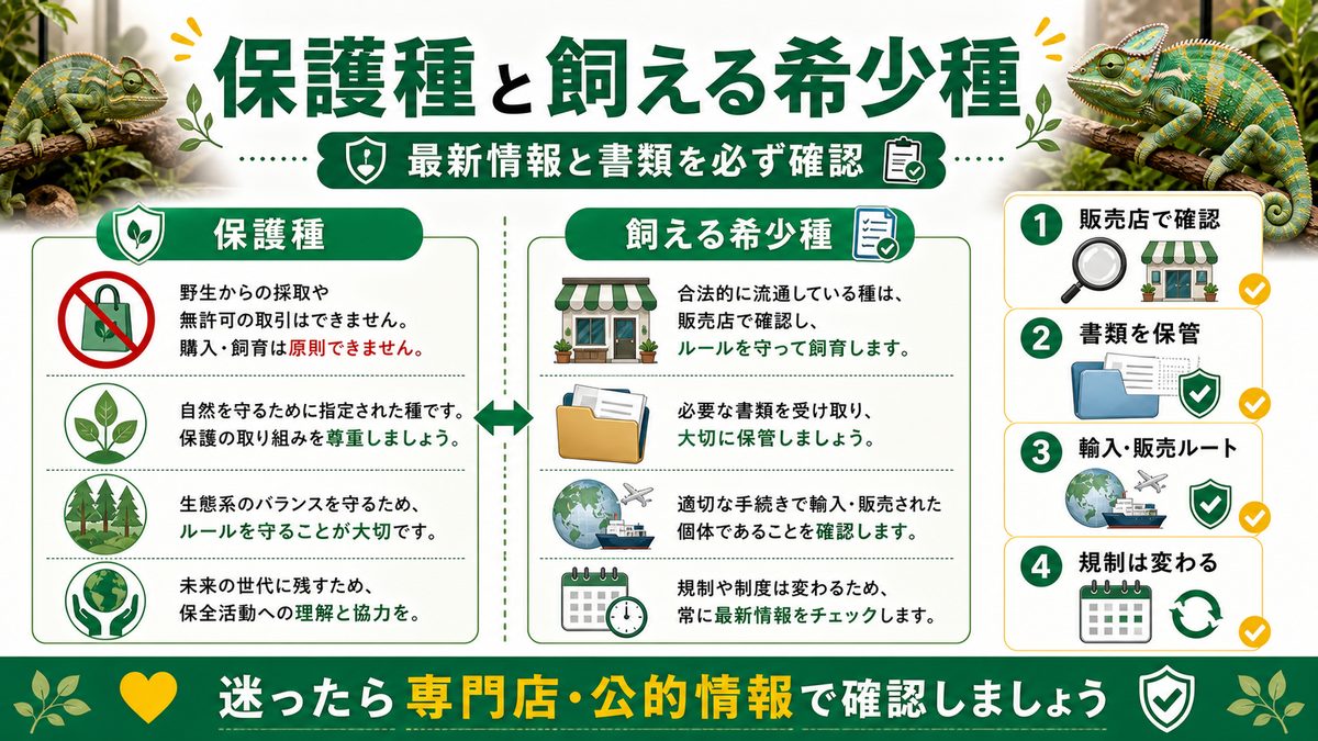 保護種と飼える希少種の違いの要点をまとめたカメレオン・爬虫類飼育インフォグラフィック