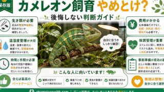 カメレオン飼育は「やめとけ」？飼って後悔する人の特徴とデメリット・続けられる人の条件を徹底解説の要点を伝えるカメレオン・爬虫類記事アイキャッチ画像
